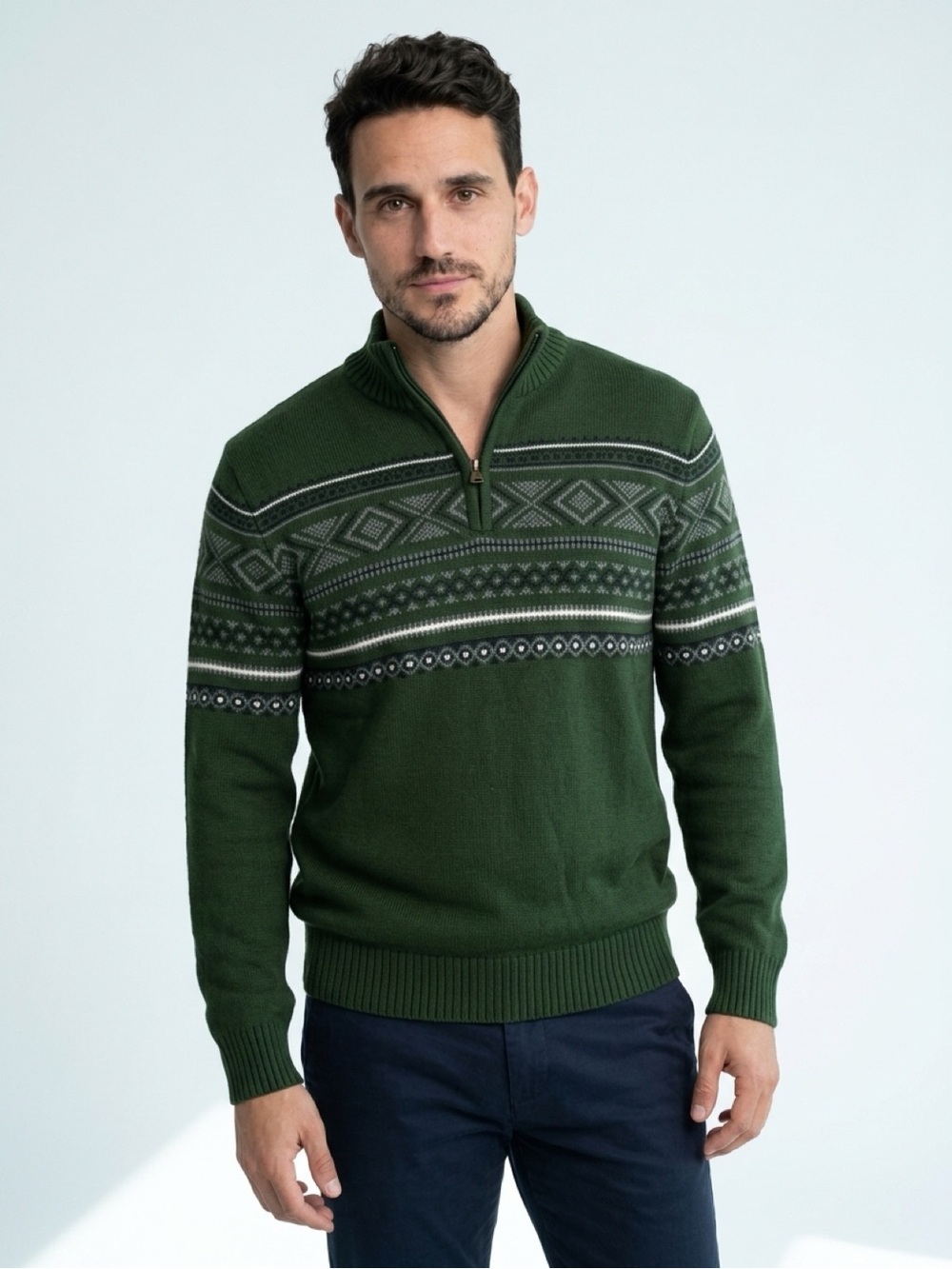 Weatherproof Olive Green Zip-Neck Fair Isle Sweater